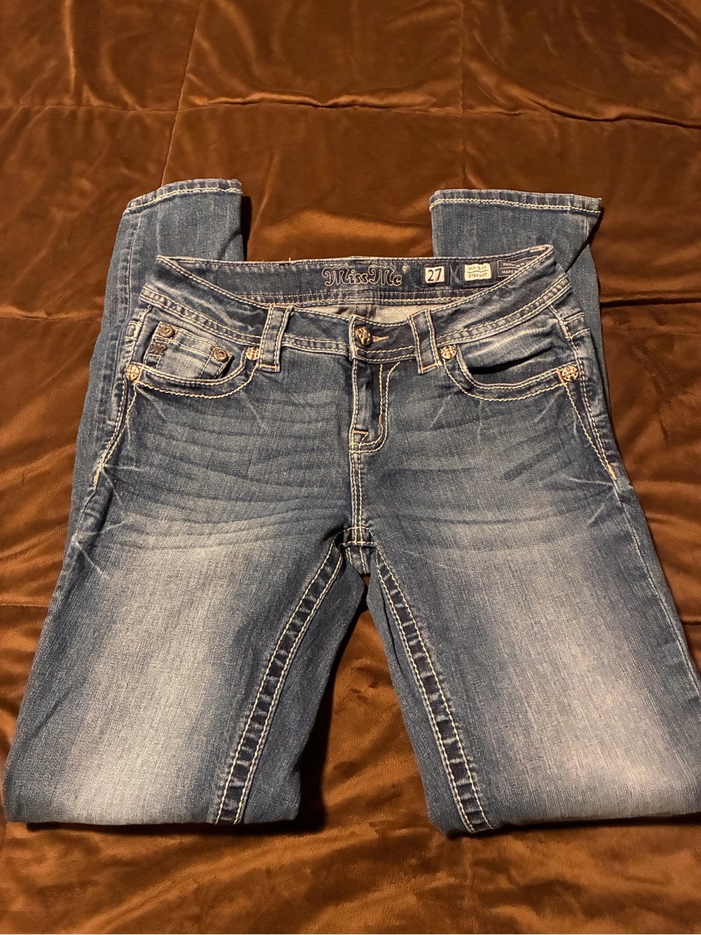 Miss Me brand, size 27, Blue Mid-Rise Straight Jeans, 99% cotton